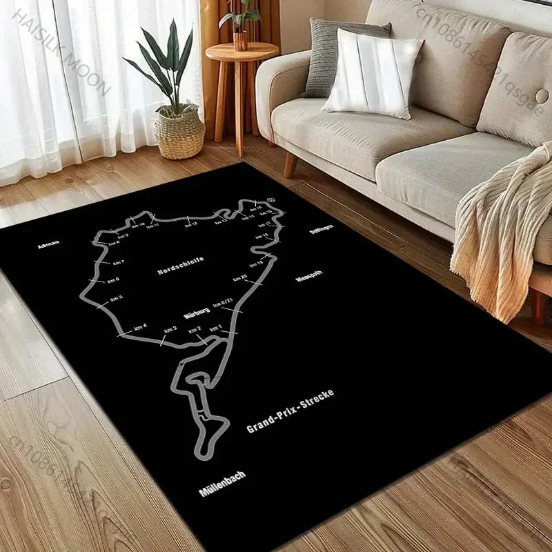 Race Track Inspired Area Rug – F1 Style Circuit Carpet for Living Room & Bedroom, Non-Slip Washable Large Floor Mat