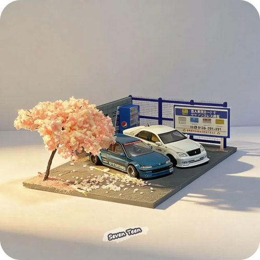 1:64 Car Model Simple Scene 15cm 10cm Desk Ornament Handmade Japanese Street Assembly Parking Display Base Collectible Gift