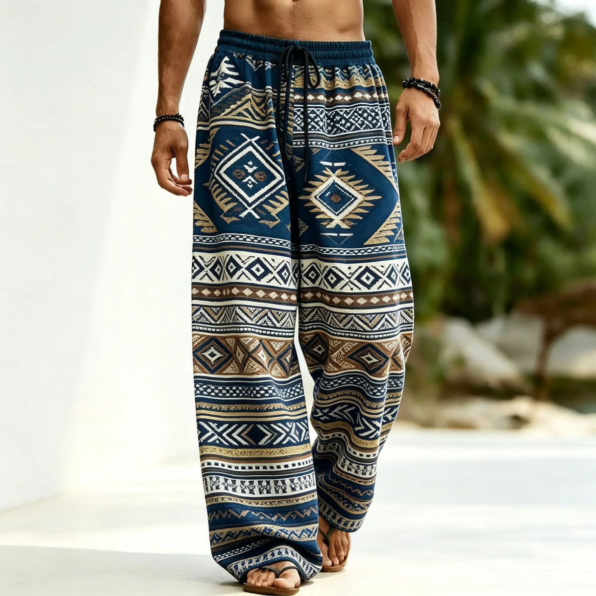 Men's Aztec Tribal Geometric Print Drawstring Wide Leg Pants, Casual Loose Trousers For Spring Summer Beach & Daily Wear