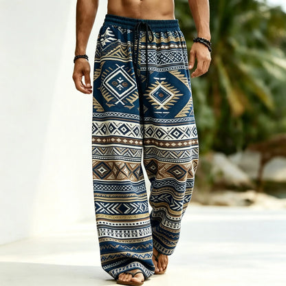 Men's Aztec Tribal Geometric Print Drawstring Wide Leg Pants, Casual Loose Trousers For Spring Summer Beach & Daily Wear