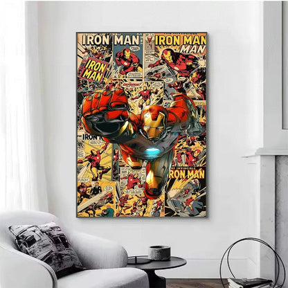 Superhero Iron Man Spider‑Man Vintage Comic Collage Canvas Wall Art Print Poster Unframed Canvas Painting Home Living Room Bed