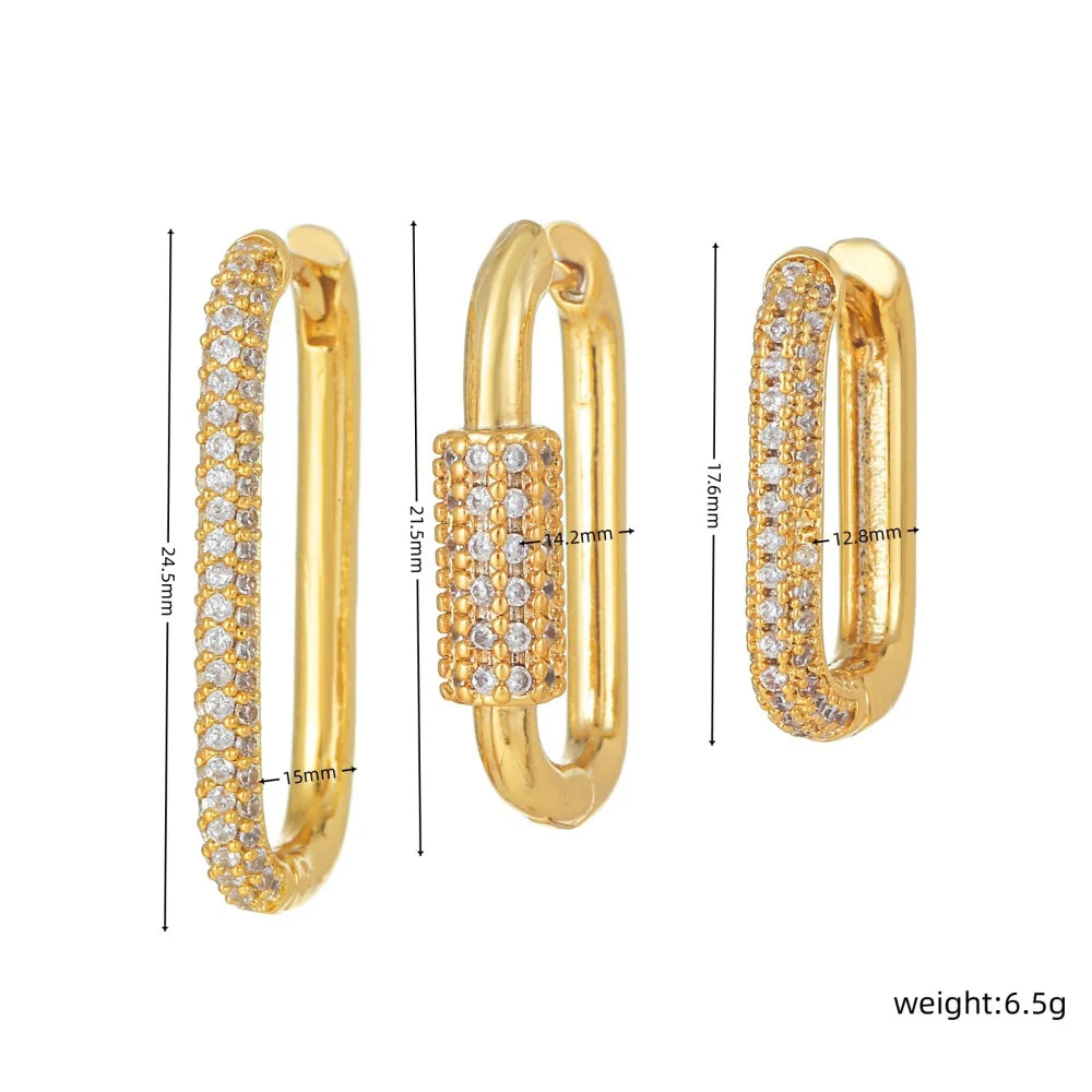 14K Gold-Plated Rectangular Zircon Earrings for Women Fashion High-Quality Geometric Three-Piece Earring Set Jewelry Accessories