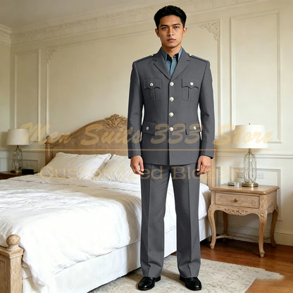 Men's Military Suit Single Breasted Gold Button Blazer & Pants Set for Business Wedding Party Vintage Green 2 Piece Jacket Pants