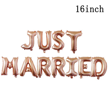 1Bag 16inch Just Married Foil Balloon Banner Bachelorette Hen Night Party Bridal Shower Engagement Party Wedding Decorations