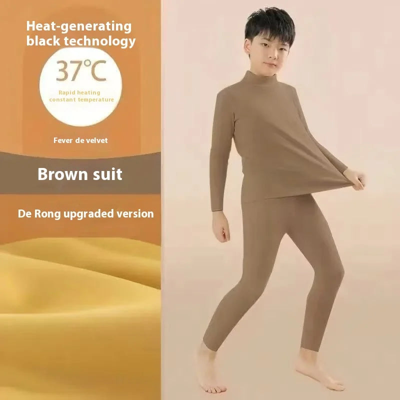 Children's Boys De Velvet Thermal Suit Reversible Medium High Neck Thermal Children's Autumn Clothes Autumn Pants Underwear
