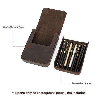 Luxury Genuine Leather 6 Slots Pen Case With Removable Pen Tray Holder Pencil Case Office School Supplies Pouch Creative Gift