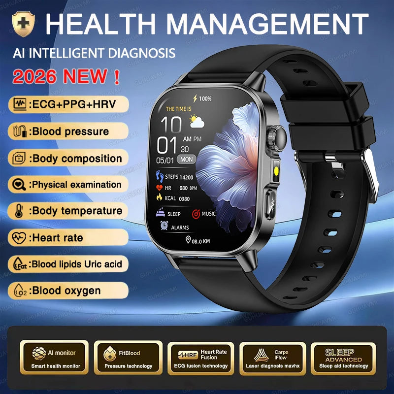 2026 New ECG+PPG Health AI Diagnosis Analysis Smart Watch Blood Lipid Uric Acid Tracker Clock NFC Bluetooth Call Watch Men Women