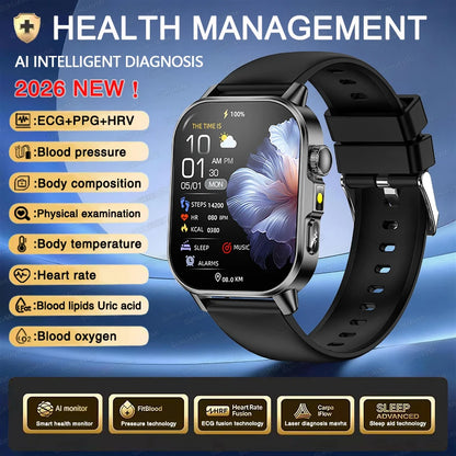 2026 New ECG+PPG Health AI Diagnosis Analysis Smart Watch Blood Lipid Uric Acid Tracker Clock NFC Bluetooth Call Watch Men Women