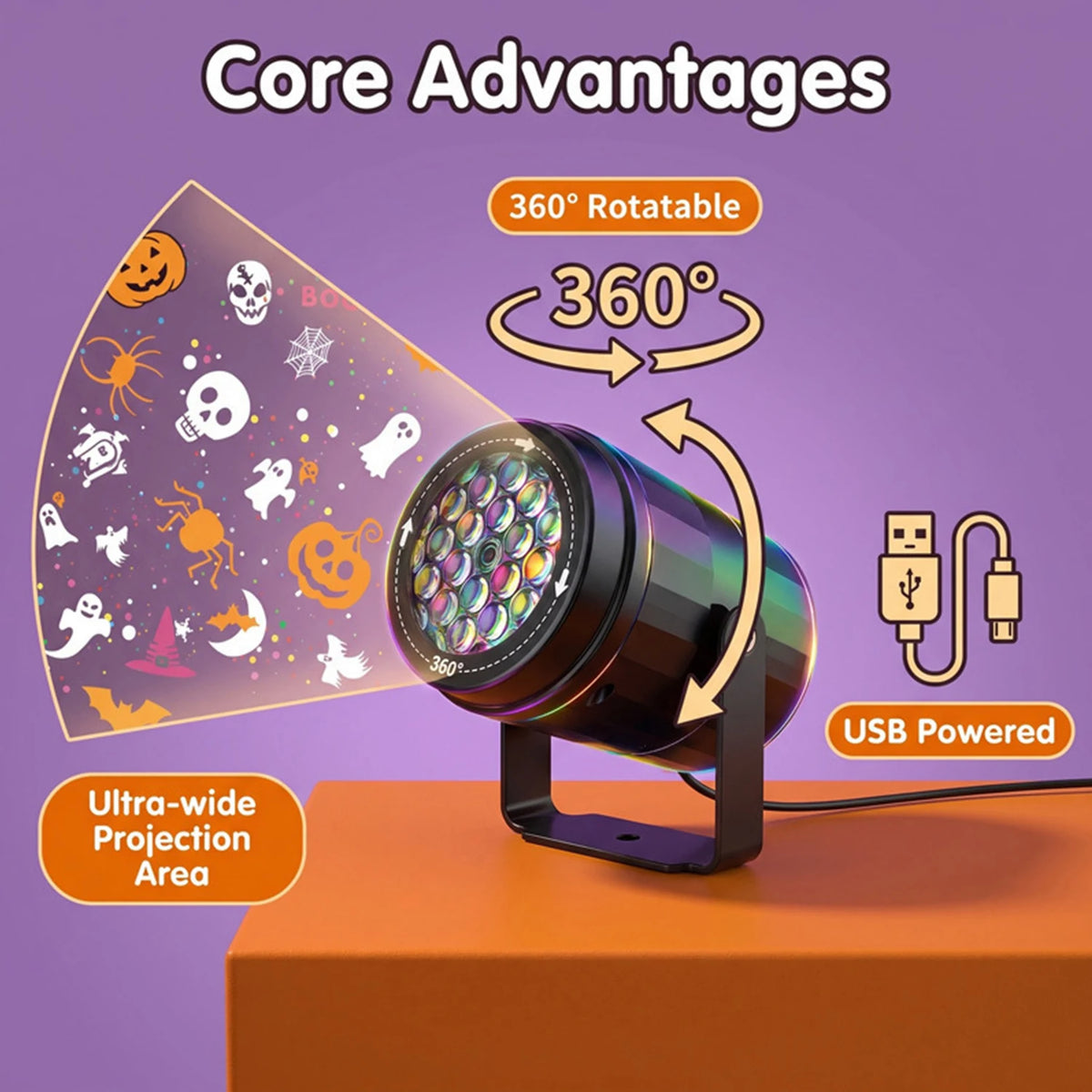 USB Projector Light Halloween Night Light Switchable Pattern LED Projector Lamp for Room Ceiling Window Wall Decor