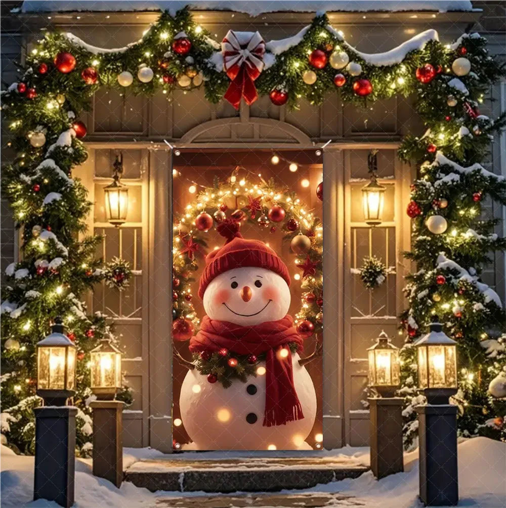 Christmas Theme Santa And Elk Backdrops Snowman Hanging Door Banner Indoor Outdoor Veranda Xmas Curtain Cover Festive Supplies