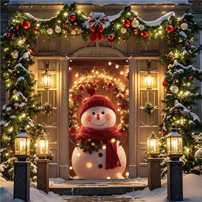 Christmas Theme Santa And Elk Backdrops Snowman Hanging Door Banner Indoor Outdoor Veranda Xmas Curtain Cover Festive Supplies