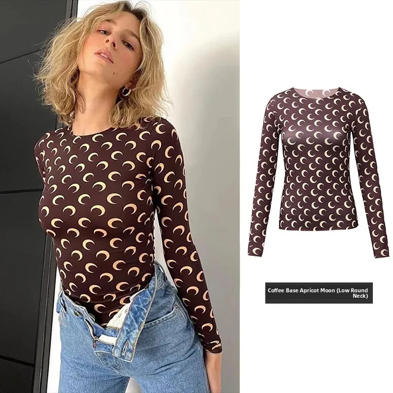 Ice Silk Two Piece Set Womens Sun Protection Clothes Long Sleeve Moon Print Top and Pants American Retro Sexy Autumn New