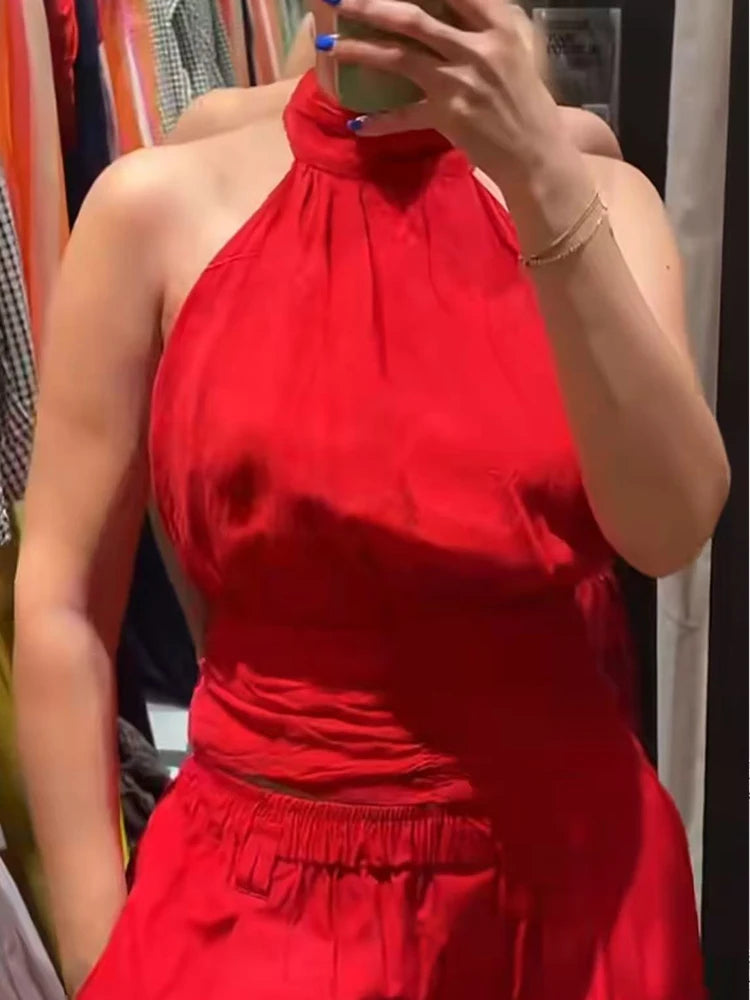 TFMLN Women's Red Ruffled Top Set Halter Crop Backless Sleeveless Top Chic High Waist Straight Trousers Outfit Fashion Sexy