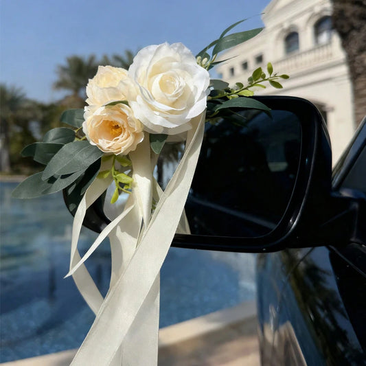 Artificial Wedding Car Flower Decorations, White Rose Car Mirror Decor, Car Accessory for Bridal Shower, Just Married,Party