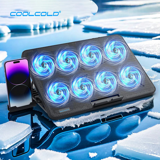 COOLCOLD Laptop Cooling Pad with 8 Quiet Fans 15.6-17.3 Inch 7 Height Adjustable Speed Mobile Phone Holder Included