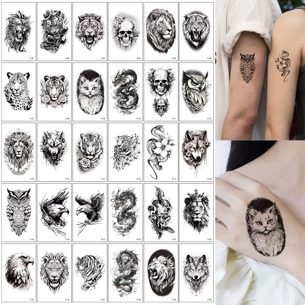 30 Sheets Small Fake Tattoos for Men Women Waterproof Spider Skull Snake Animal Temporary Tattoos for Hand Arm Body Decor