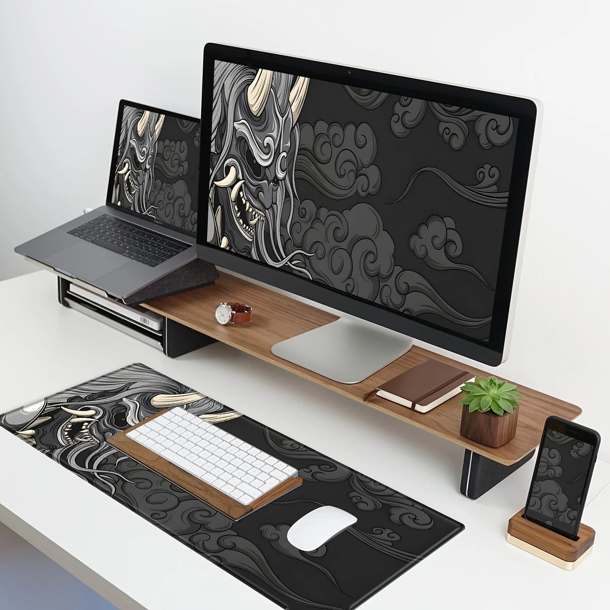 Large Gaming Mouse Pad - Artisan Desk Mat with Yokai Design, Washable Non-Slip Rubber Base, Black & Gray Japanese Monster Art