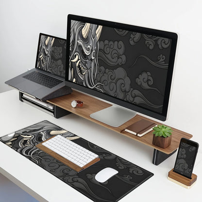Large Gaming Mouse Pad - Artisan Desk Mat with Yokai Design, Washable Non-Slip Rubber Base, Black & Gray Japanese Monster Art