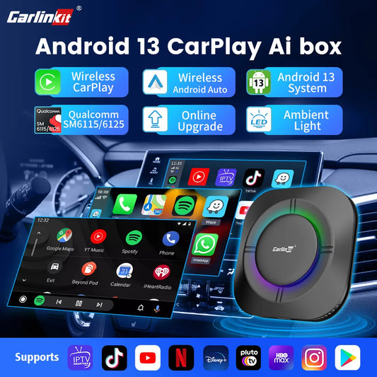 2026 Carlinkit Ai Box LED Android Wireless Carplay Adapter Android 13 Qualcomm 6115 8-cores 64G Smart Tv Box For Netflix IPTV