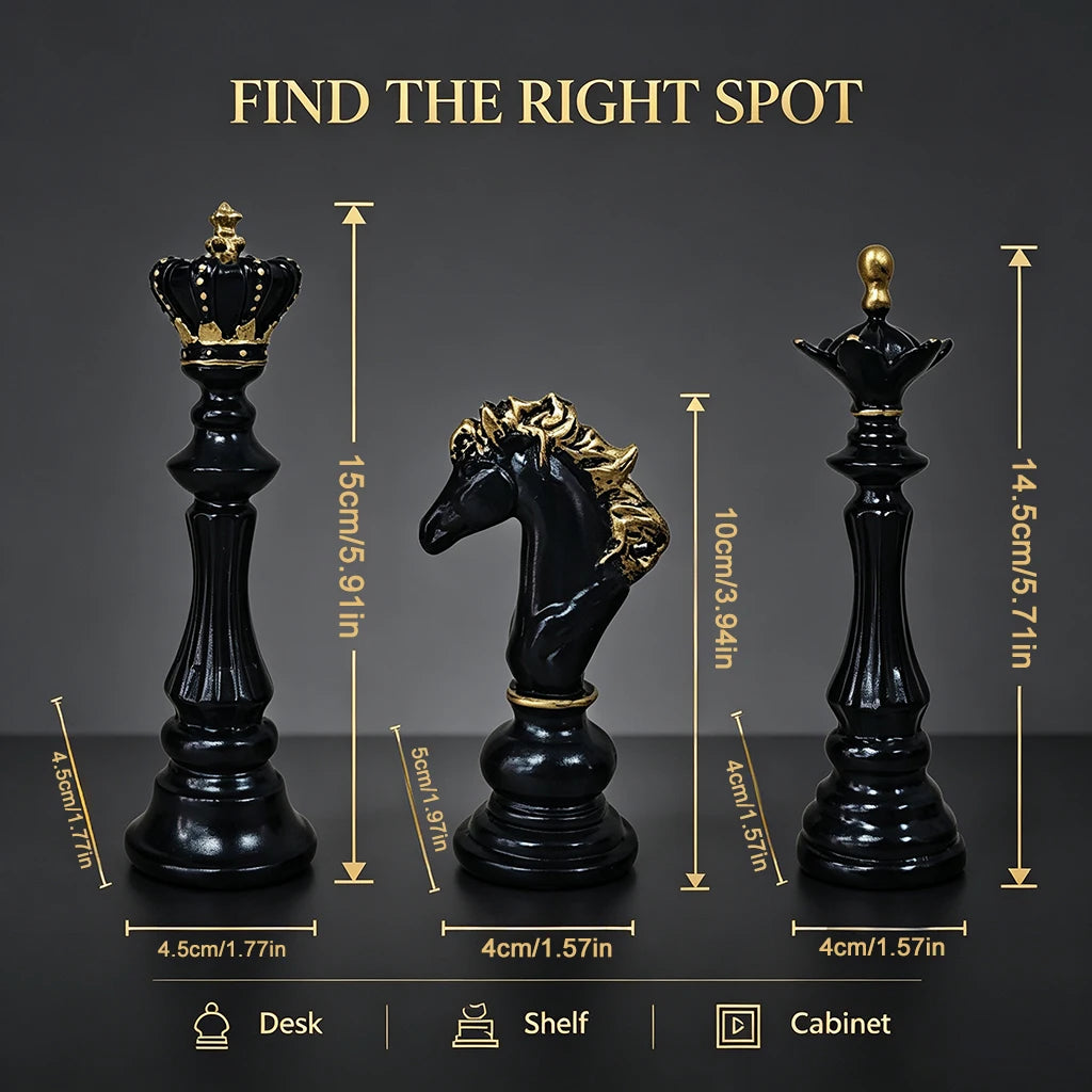 2026 Trending Chess Decor Set, Black Gold Resin King Queen Knight Statue, Modern Luxury Ornament for Home Office