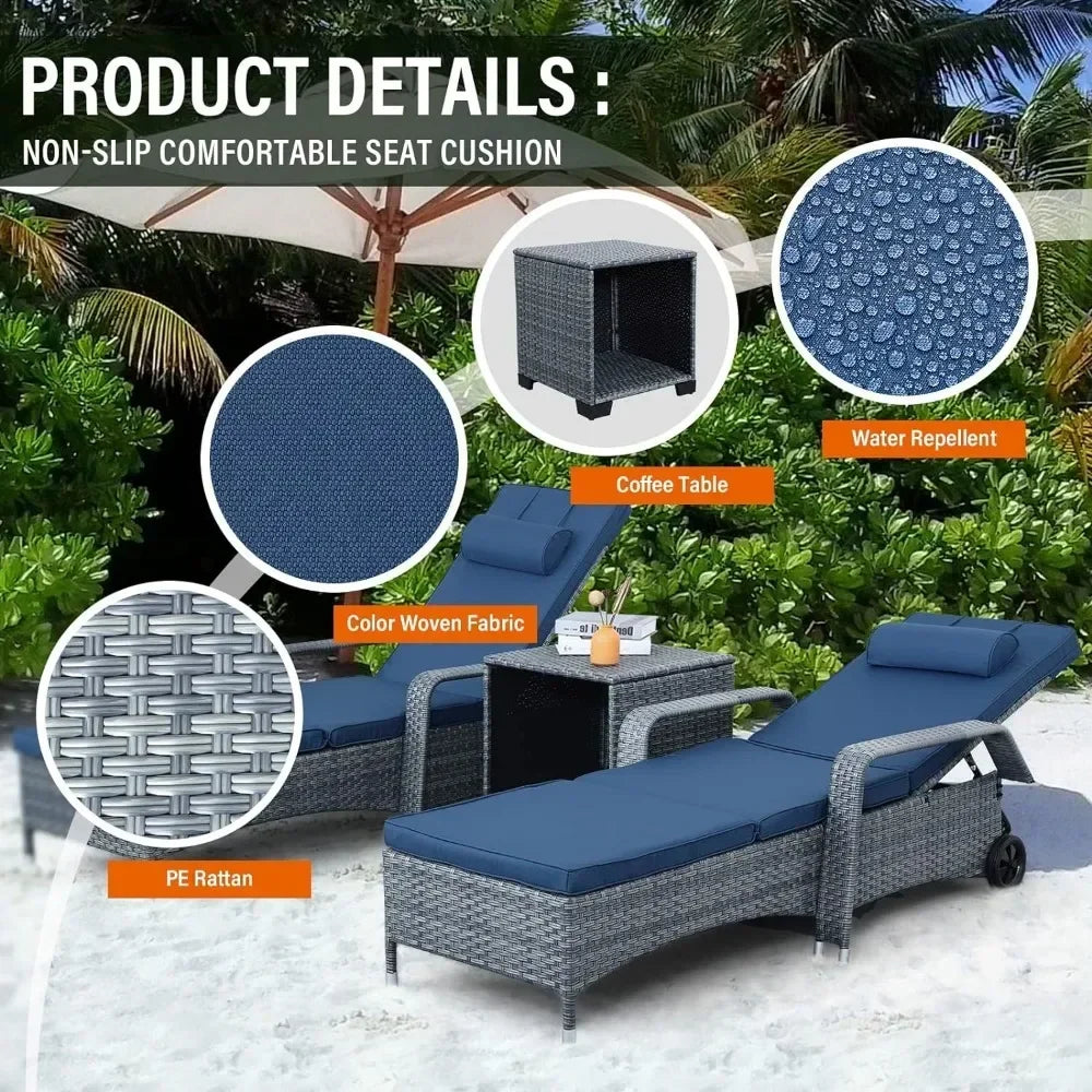 # Hot Patio Rattan Chaise Lounge With Rolling Wheels Adjustable Reclining Backrest 3-Piece PE Wicker Sun Bathing Chair Furniture