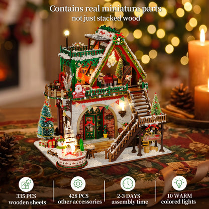 DIY Book Nook Kits, 3D Wooden Bookshelf Insert Decorative Bookend Model Kits ，DIY Winter Christmas Cabin Book Nook Kit