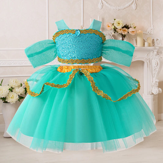 Baby Girls Jasmine Princess Dresses Girl Cosplay Party Dress Toddler Birthday Baptism Tulle Gown Kids Christmas Pageant Costumes