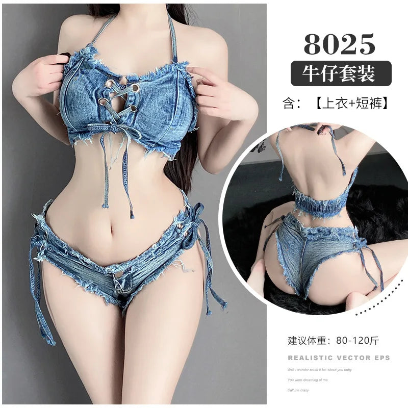 Sexy Low-rise Open Crotch Shorts Bodysuit with Distressed Denim Nightclub Lingerie Set