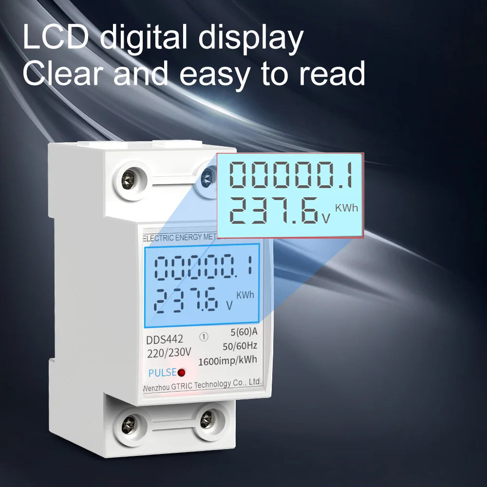 GTRIC Energy Meter 2P Single Phase Voltage Current Power Consumption Meter Wattmeter LCD Digital Display DIN Rail 230VAC 80A