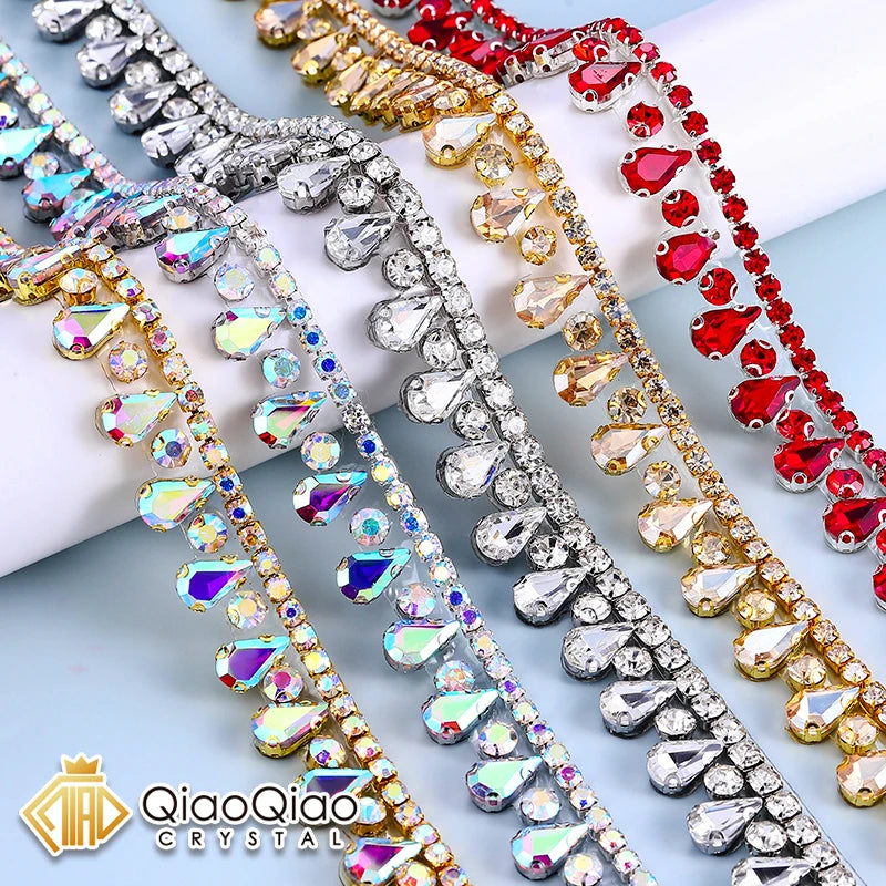 QIAO Multi-color Crystal Glass Rhinestone Border Diamond Ribbon Iron On DIY Wed Dress Skirt Clothing Accessories Diamond Strips