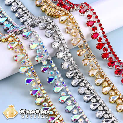 QIAO Multi-color Crystal Glass Rhinestone Border Diamond Ribbon Iron On DIY Wed Dress Skirt Clothing Accessories Diamond Strips