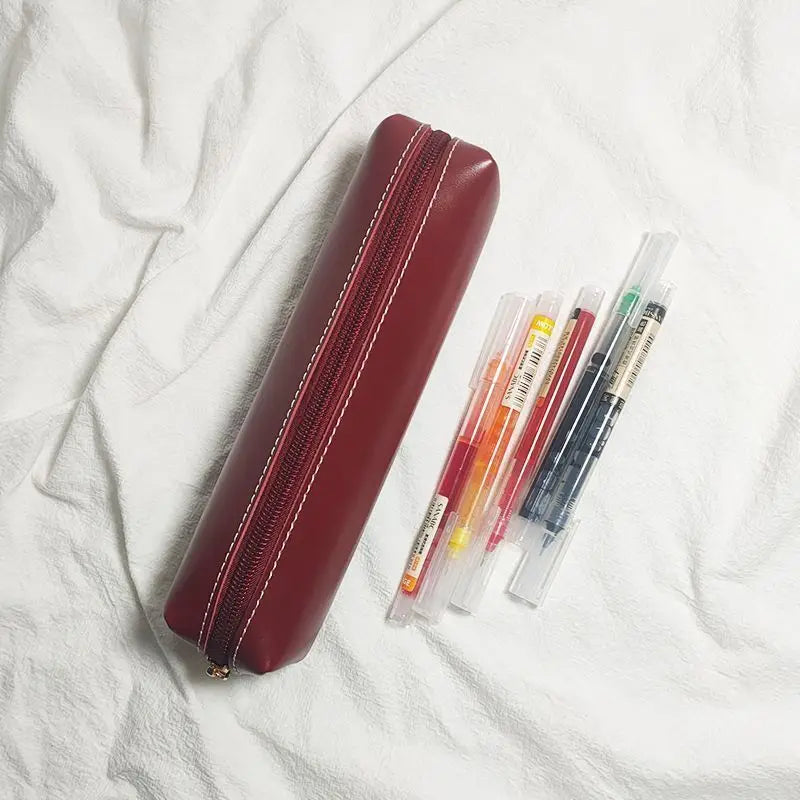 Oily Synthetic Faux Leather Texture Pencil Case - Small Capacity Retro Minimalist School & Office Organizer with Zipper Closure