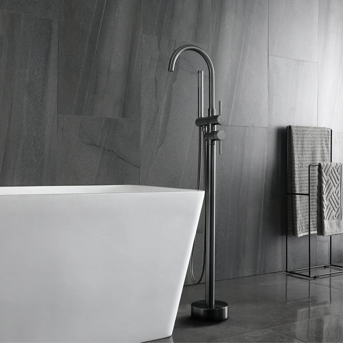 AITANA Luxury Black Brass Bathroom Faucet. Floor Standing Design with Simple 2 Handle Hot and Cold Bathtub and Dual-Mode Faucet