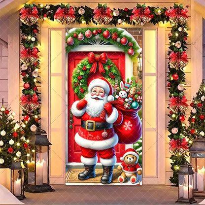 Christmas Humorous Santa Claus And Elk Door Banner Party Decorations Indoor Outdoor Veranda Door Cover Supplies Festive Gifts