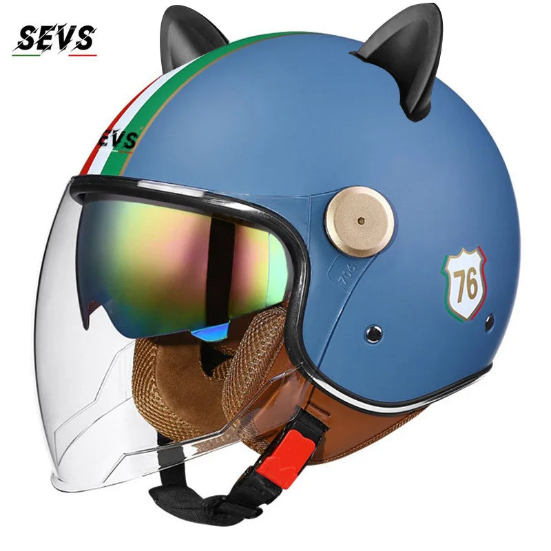Motorcycle Helmet Retro 3C & DOT Certified Half Face ABS Helmet Dual Visor Hidden Sun Shield Removable Cute Cat Ears