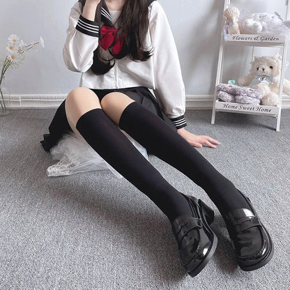 Solid Color Black White Long Socks Women Stockings JK Girls Thigh High Stockings Velvet Breathable Knee High Socks Stockings Sox