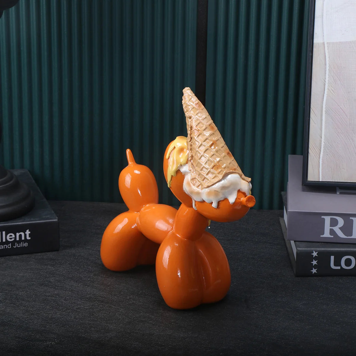 Balloon Dog Sculpture with IceCream Cone & Cake Design, Creative Bull Statue for Home Decor
