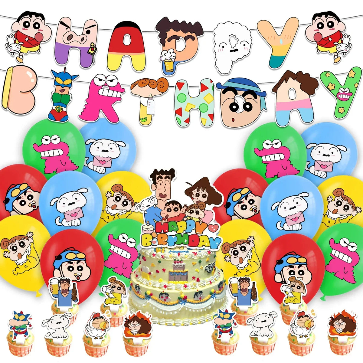 Crayon Shin-chan Birthday Party Disposable Paper plate Cake Topper Hanging Flag Crayon Shin-chan Balloon Birthday Decorations