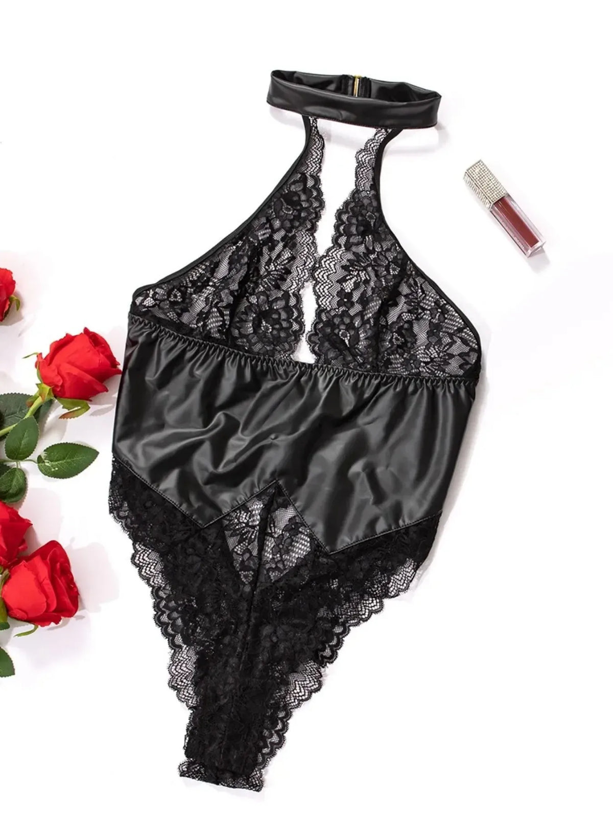 Porn Suit Women Sexy Lingerie Black PU Latex Leather Halter Lace Backless Bodysuit Underwear Skinny Bodycon Body Suit Teddies