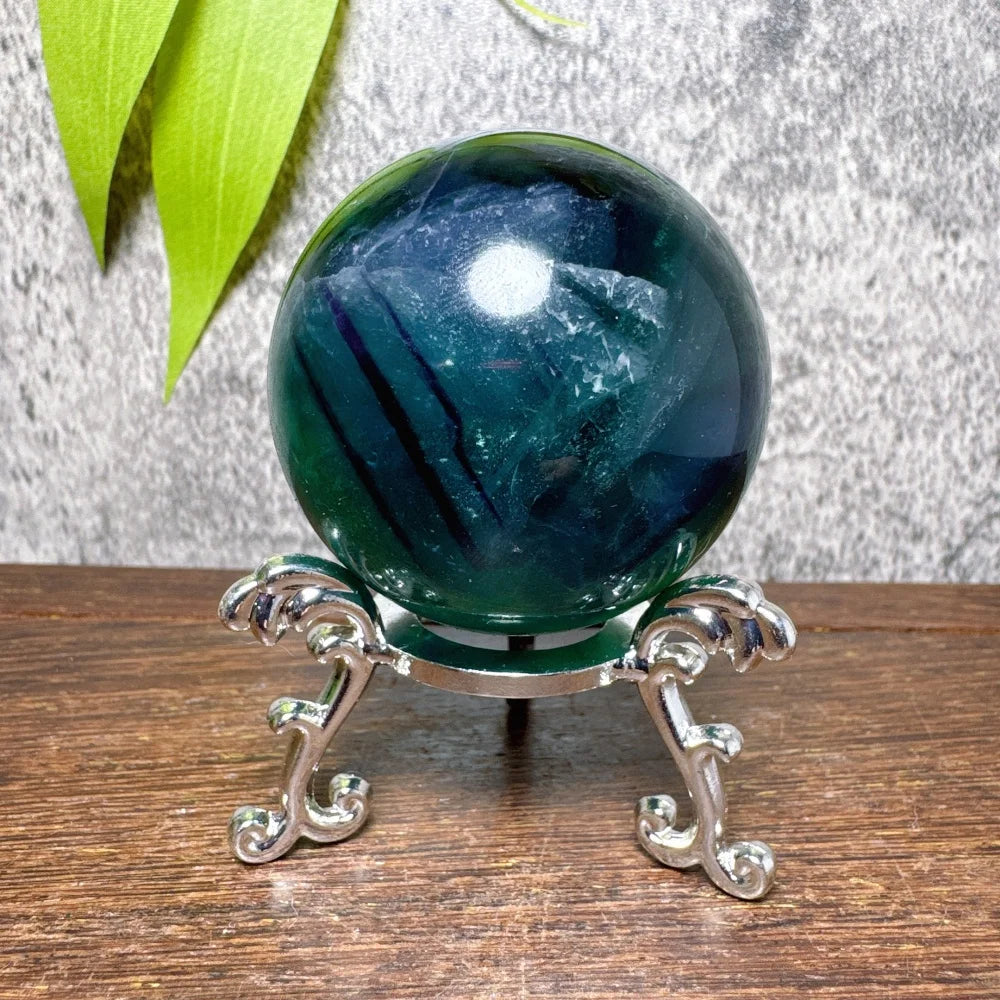 Natural Blue Snowflake Feather Fluorite Spheres Stone Healing Crystal Reiki Energy Home Scene Decorations Gifts+Stand