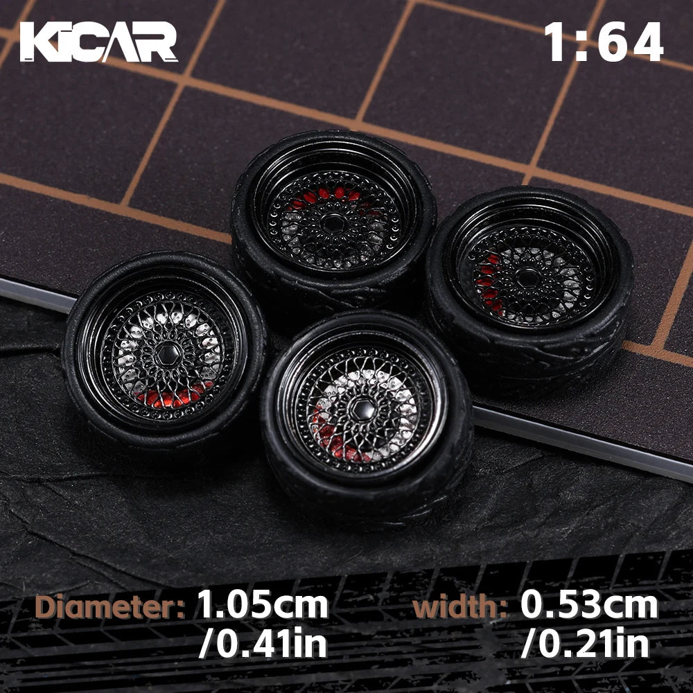 Kicarmod 1/64 10.5mm Alloy Model Wheels with Magnetic Hub Caps-with Rubber Tires for Tomica Custom Diecast Cars
