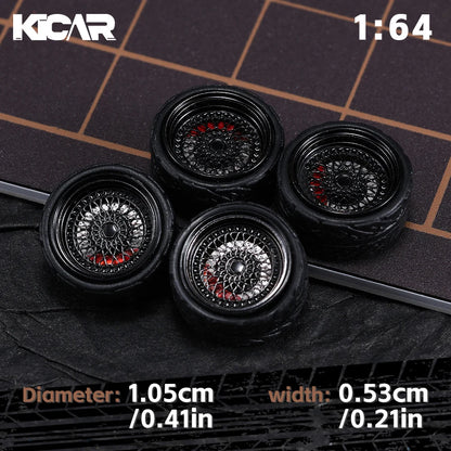 Kicarmod 1/64 10.5mm Alloy Model Wheels with Magnetic Hub Caps-with Rubber Tires for Tomica Custom Diecast Cars