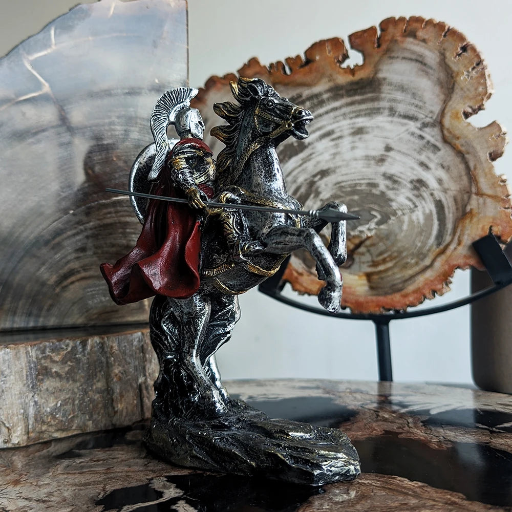Spartan Resin Warrior Figure Home Office Decor Tabletop Ornament with Horse Figurine Livingroom Decoration