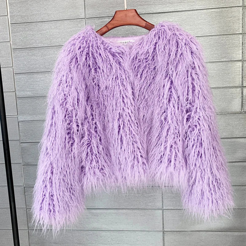 Women's Fur Coat Colorful Furry Pink Lamb Wool Faux Fur Coat Female Shaggy Sheepskin Coat Winter Artificial Fur Jacket