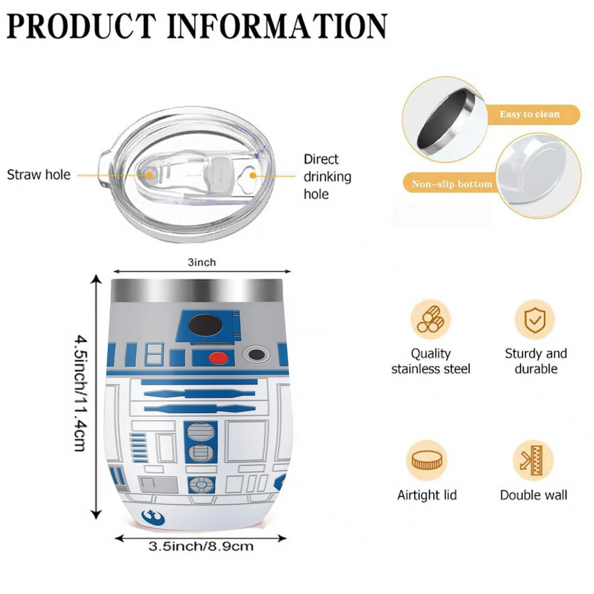 20Oz R2-D2 Robot print Vacuum Tumbler cup Stainless Steel Double wall Insulated water bottle with Lid keep Cold\ Hot drink gift