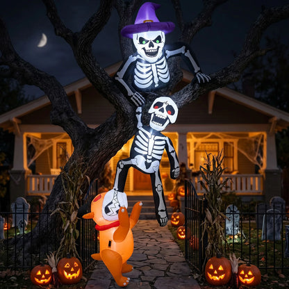 8FT Outdoor Inflatable Halloween Decoration Skeleton with Dog Biting Climbing Design for Patios Rooftops And Parties