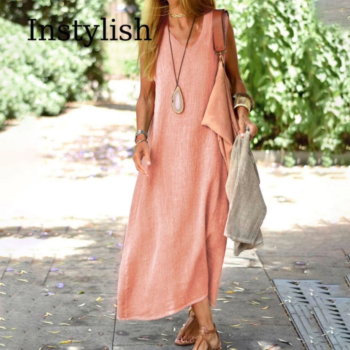 Women's V Neck Sleeveless Linen Dress Loose Solid Color Dress Breathable Lightweight Summer Beach Vacation Casual Cover Up