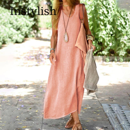 Women's V Neck Sleeveless Linen Dress Loose Solid Color Dress Breathable Lightweight Summer Beach Vacation Casual Cover Up