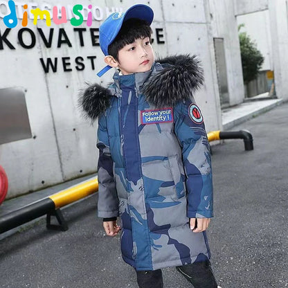 Winter Kids Thickened Long Coats Boys Camouflage Padded Hooded Cotton Jackets Plus Velvet Warm Outerwear Children Clothing