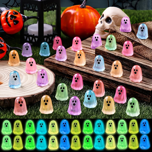 36pcs Halloween Mini Ghosts Figures, Luminous Small Little Resin Ghost Figurines to Hide Glow in The Dark Tiny Statue for Hallow